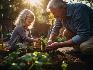 Grandfather and Granddaughter in Garden