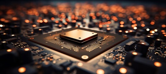 Blurred bokeh background with close up of computer chip circuitry and glowing components