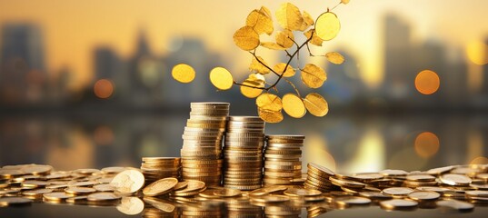 Golden tree of prosperity  blurred bokeh financial growth symbol with cityscape background - Powered by Adobe