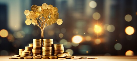 Bokeh cityscape with golden tree symbolizing financial growth, coins, and banknotes on its branches