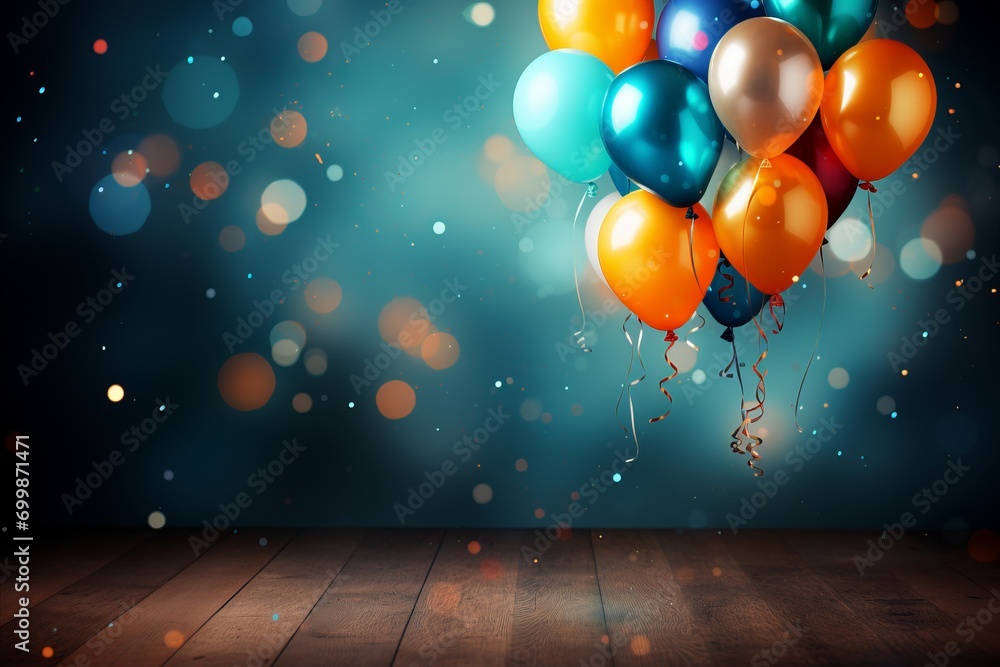 Poster lively and celebratory blurred bokeh background with colorful confetti and dynamic party elements