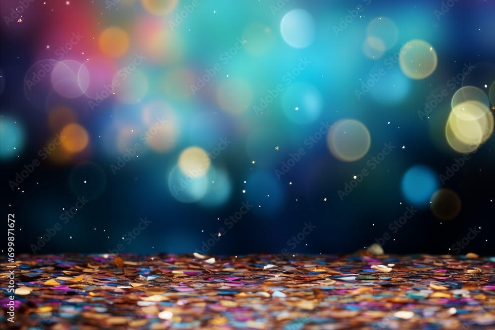 Poster lively and celebratory blurred bokeh background with colorful confetti and dynamic party elements