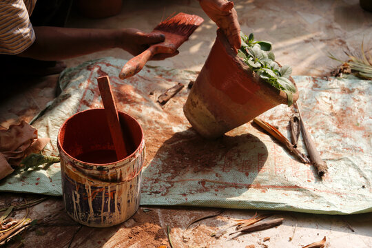 Close-up of an Indian gardener repainting plant pots in preparation for Diwali, New Delhi, India