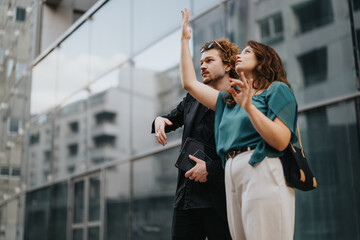 Entrepreneurs discussing innovative ideas outdoors in the urban city. Strategic planning for market...