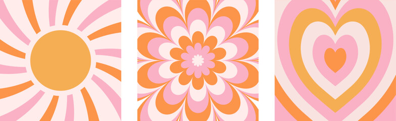 Groovy hippie 70s background set. Waves, swirl, twirl pattern with heart, sun, daisy flower. Twisted and distorted vector texture in a trendy retro psychedelic style. Pink, yellow, and orange colors