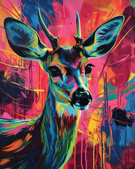 An explosion of pop art colors brings this dynamic deer to life against a backdrop of abstract graffiti