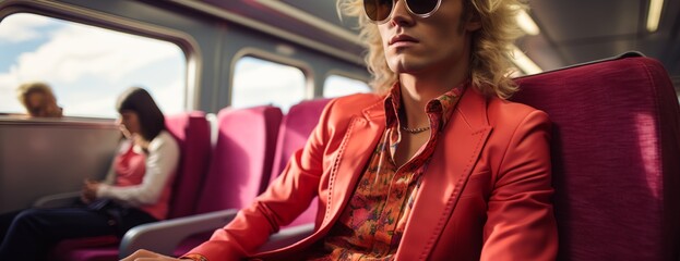 a man with blonde hair and red sunglasses on a train - obrazy, fototapety, plakaty