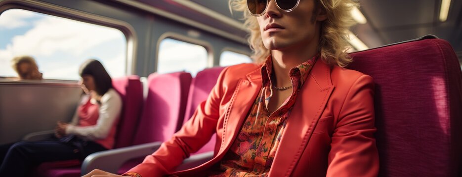 a man with blonde hair and red sunglasses on a train