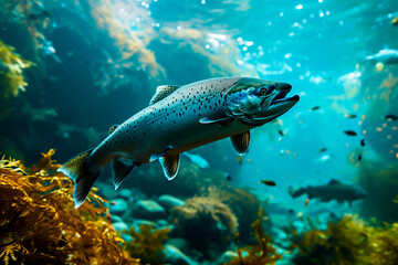 Fototapeta premium Wild Atlantic Salmon swimming in the sea. Shallow field of view.