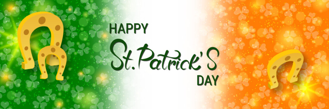 St.Patrick's Day vector banner template. Irish flag background with colorful clover leaves
