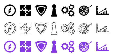 Collection of vector icons for business strategy – Set of flat and line icons – Compass, puzzle pieces, shield, pawn, gears, target, and analytics - obrazy, fototapety, plakaty