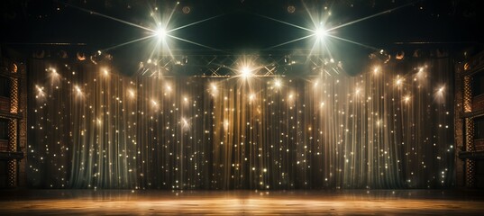 Elegant blurred bokeh effect  sparkling chandeliers   grand curtain on broadway theater stage - obrazy, fototapety, plakaty