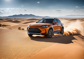 Fototapeta na wymiar Modern car driving through the desert