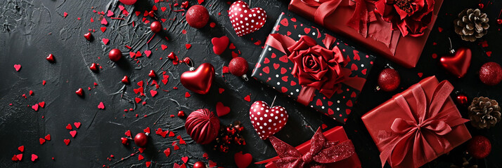 Valentine's day flat lay theme with gift boxes and hearts on a black background - obrazy, fototapety, plakaty
