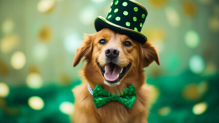 Happy dog celebrating St. Patrick's Day - obrazy, fototapety, plakaty
