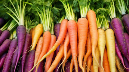 Colorful Rainbow carrot with their green leaves. AI Generative