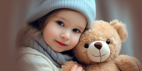A young girl in a knit hat cuddles her teddy bear, her eyes bright and content.