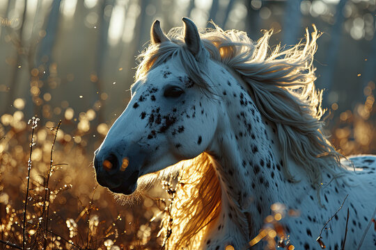 White horse with black spots palomino running in a flower field in golden sunlight