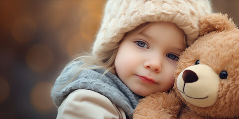 A cozy child in a knitted hat hugs a teddy bear.