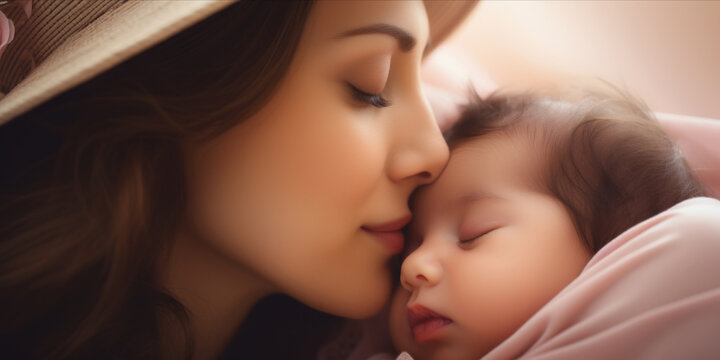 A woman in a hat kisses her sleeping baby's forehead.
