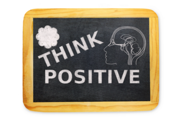 think positive text with Human brain and flowers on slate blackboard, stress management,self care,mental health concept,positive thinking,creative mind,cutout in transparent background,png format