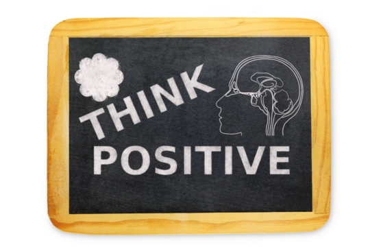 think positive text with Human brain and flowers on slate blackboard, stress management,self care,mental health concept,positive thinking,creative mind,cutout in transparent background,png format