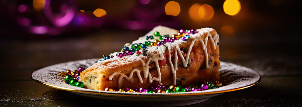 Slice of Mari Gras cake with dripping icing and colorful round candies that look like beads 