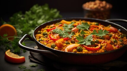 Hearty paella with vibrant vegetables and herbs in a skillet