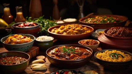 Assorted dishes of traditional food in a festive setting