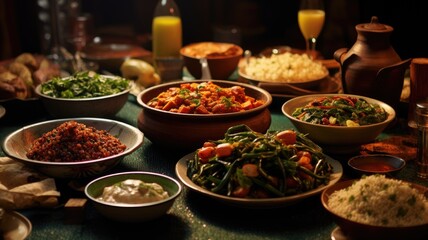 Diverse spread of Indian dishes and drinks on a festive table - obrazy, fototapety, plakaty