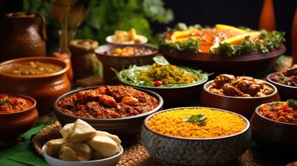 An array of Indian dishes in a traditional spread with drinks
