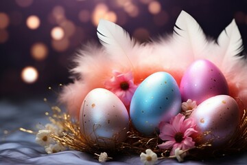 Holiday bliss Enchanting Easter scene with eggs, feathers, and glitter - obrazy, fototapety, plakaty