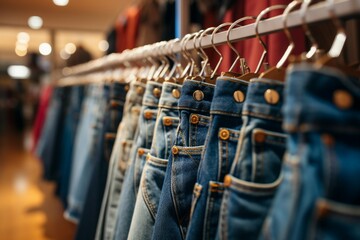 Clothing store elegance Denim jeans on hangers in retail display - obrazy, fototapety, plakaty
