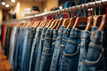 Jeans showcase Denim pants hanging on rack, fashion retail - obrazy, fototapety, plakaty