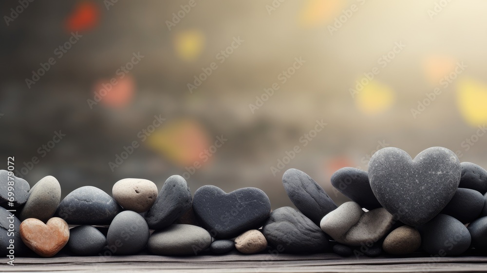 Poster pebbles arranged as a heart shape with a soft background