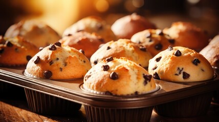 Freshly baked chocolate chip muffins on a muffin tray - obrazy, fototapety, plakaty
