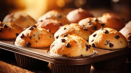Foto op Plexiglas Freshly baked chocolate chip muffins on a muffin tray © Artyom