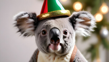A koala wearing a australia theme festive hat. Cute holiday season animal created with generative ai	