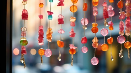 Colorful candy wind chimes in a window
