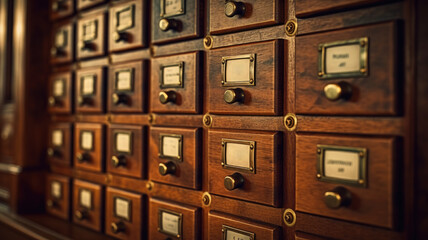 Close-up of an old library card catalog