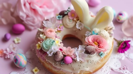 Obraz na płótnie Canvas A decorated doughnut with bunnies, eggs, and flowers