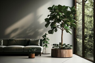 Dynamic 3D render ambient lighting in a room with greenery