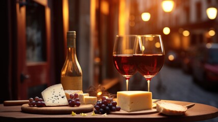 Wine and cheese platter on a table with evening street background