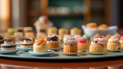 An assortment of miniature cupcakes displayed on a serving tray