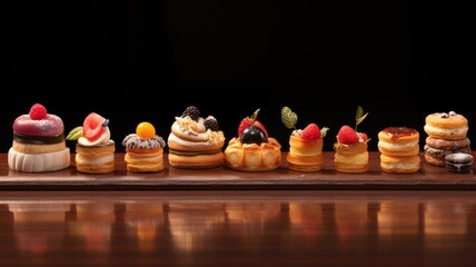 Row of exquisite mini pastries on a wooden board