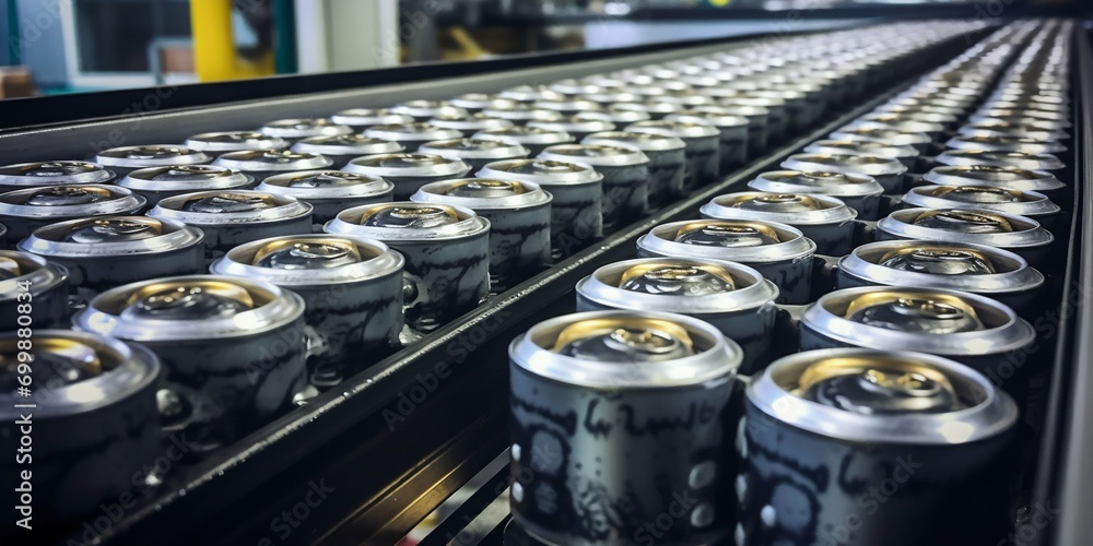 Poster automated beverage can production line. generative ai