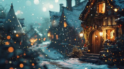 a wintry street at christmas time in a medieval fantasy village - obrazy, fototapety, plakaty