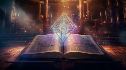 Fractal glowing runes within an open ancient book of spells on an old wooden table