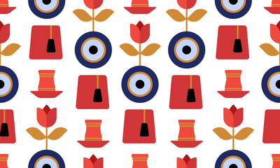 Seamless pattern cute Turkish evil eye, tulip, tea in a glass and Turkish red hat fez - obrazy, fototapety, plakaty