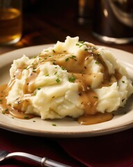 A side dish of creamy mashed potatoes, adorning the plate like a fluffy pillow, topped with a generous ladle of savory brown gravy that seeps into every crevice, promising a burst of comforting